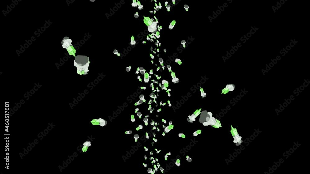 Many syringe floating in air on black background. Medical concept. 3D illustration of vaccination injection. Loop animation. Many syringe floating in air on black background. Medical concept. 3D illustration of vaccination injection. Loop animation.