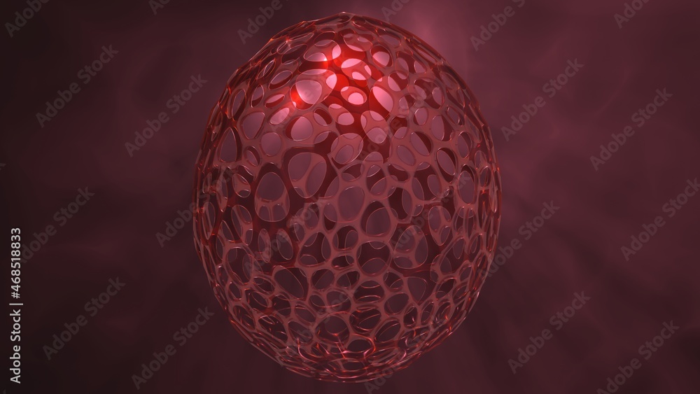 Fototapeta premium Glowing transparent egg shaped cocoon with thin lattice structure mesh. 3d render illustration with volumetric light rays subsurface scattering of light 