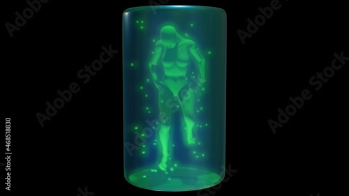 Woman in bottle . Human female in glass tank. Genetically engineered humanoid . Human clone. 3d render illustration photo