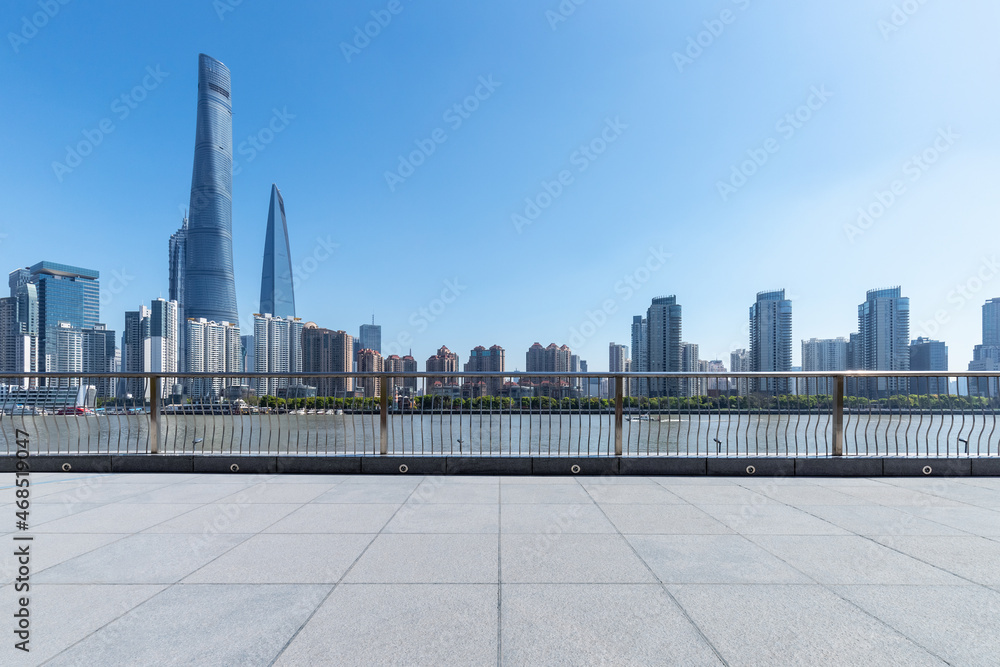 empty floor foreground with shanghai cityscape