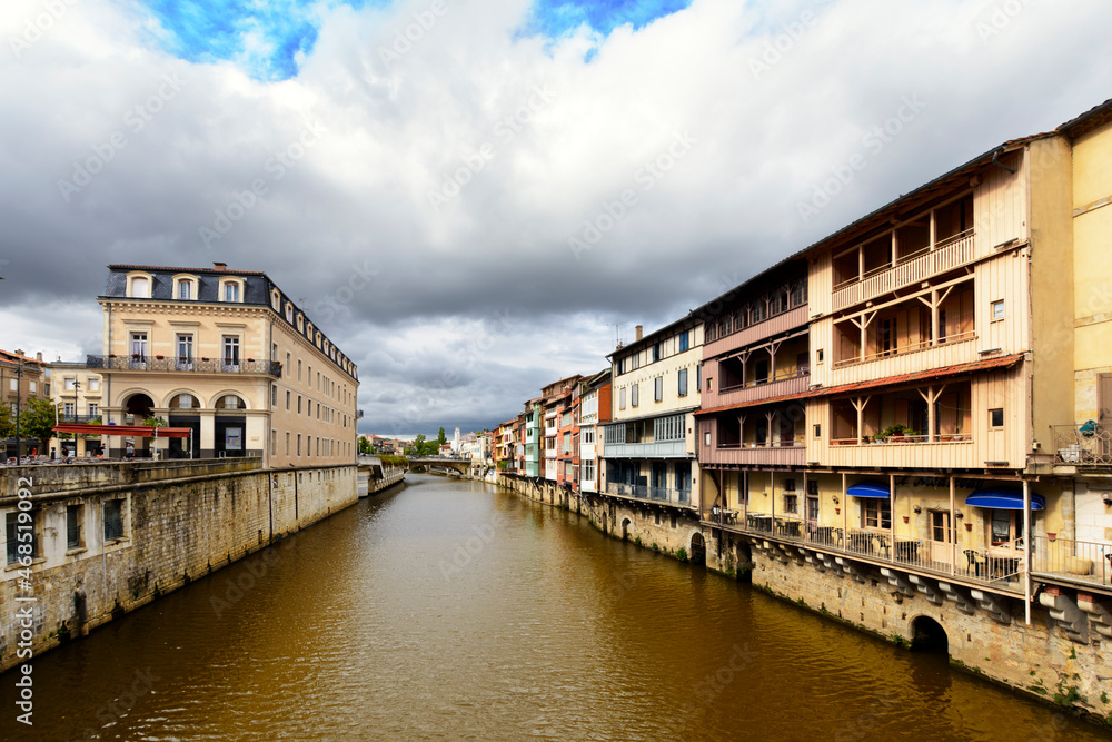 Castres city and homes along the Agout river, France