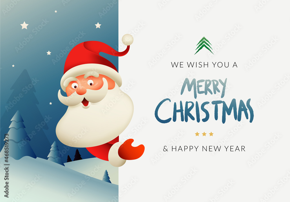 Merry Christmas! Cute Santa Claus with big signboard Illustration in Christmas scene.	
