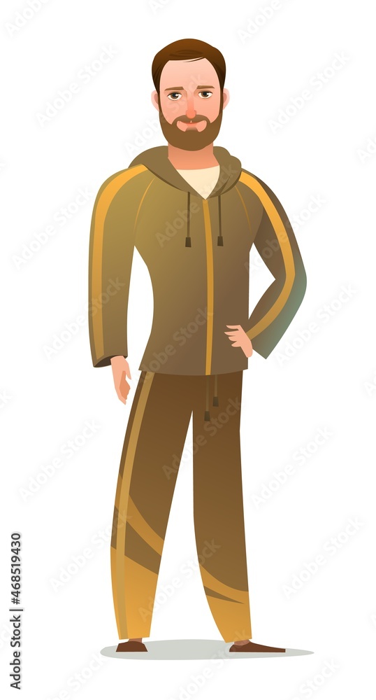 Man in tracksuit. Guy got ready for sports activities. Cheerful person. Standing pose. Cartoon comic style flat design. Single character. Illustration isolated on white background. Vector Man in tracksuit. Guy got ready for sports activities. Cheerful person. Standing pose. Cartoon comic style flat design. Single character. Illustration isolated on white background. Vector