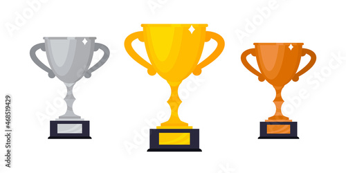 Gold, silver and bronze award trophy goblet cup set icon sign flat style design vector illustration isolated on white background.