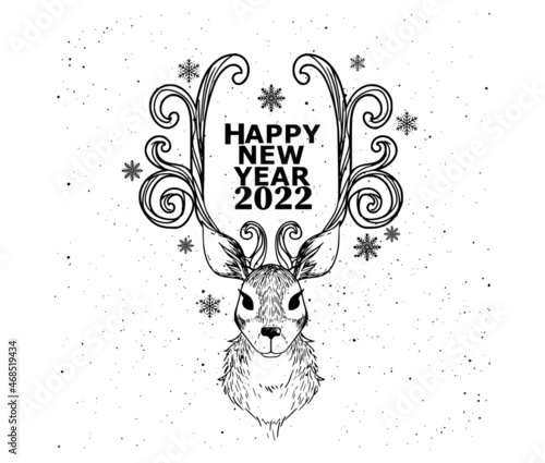 Happy new year greetings deer and snowflakes