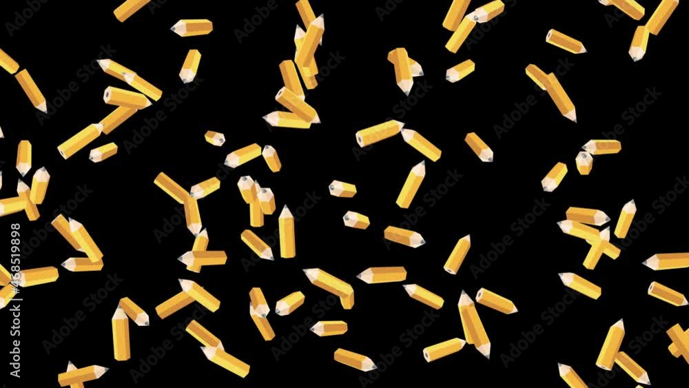Many orange pencils floating in air on black background. Education concept. Low polygonal writing utensil. 3D loop animation. Many orange pencils floating in air on black background. Education concept. Low polygonal writing utensil. 3D loop animation.