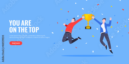 Happy business employee team winners award ceremony flat style design vector illustration. Employee recognition and best worker competition award team celebrating victory winner business concept.