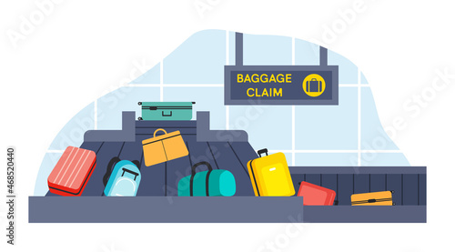 Luggage Carousel Against in Airport. Conveyor Belt With Passenger Luggage. Baggage Claim In Airport Isolated. Passengers Take Their Luggage from Train or Airport Terminal. Flat Vector Illustration