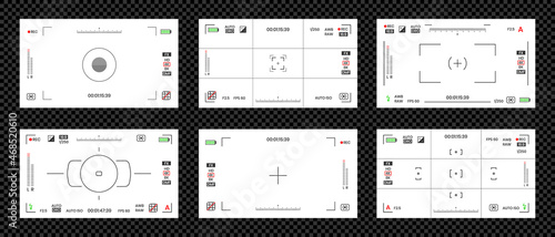 Camera viewfinder video or photo frame recorder flat style design vector illustration set. Digital camera viewfinder with exposure settings and focusing grid template.