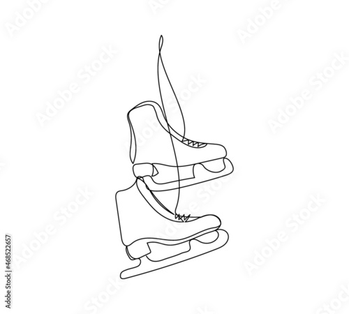 Skates are tied with laces one line art. Continuous line drawing of new year holidays, christmas, winter accessory, traditional, decor, winter, skater, winter sport, shoes, blade, ice.