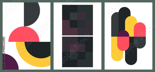 A set of three colorful aesthetic geometric backgrounds. Minimalist social media posters, cover designs, web, home decor. Vintage graphic illustrations with shapes, curves, lines, rectangles.