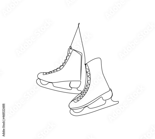 Skates are hanging on the wall one line art. Continuous line drawing of new year holidays, winter accessory, traditional, decor, winter, skater, hockey, winter sport, shoes, blade, ice.