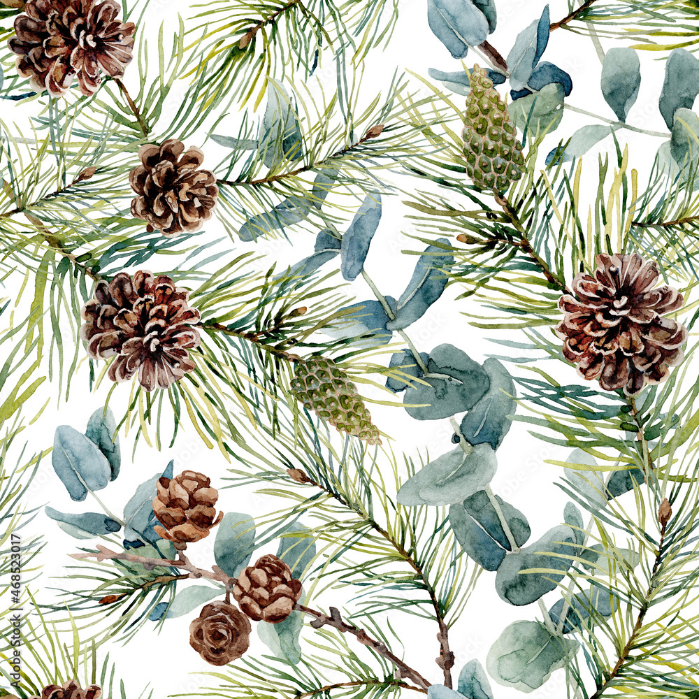 Fototapeta premium Seamless pattern with cones. Winter watercolor background.