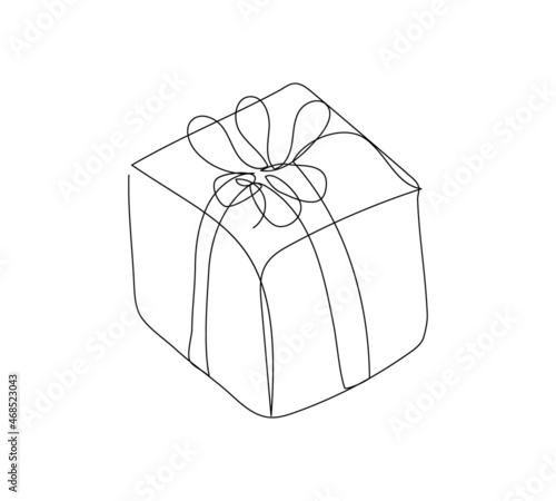 Small gift box with bow one line art. Continuous line drawing of new year holidays, christmas, celebration, packaging, holiday, giving, present, surprise, decoration.