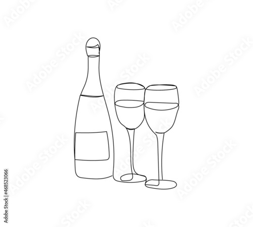 Two glasses and a bottle one line art. Continuous line drawing of new year holidays, christmas, birthday, champagne, wine, liquor, rum, alcohol, cocktail, drink, joy.