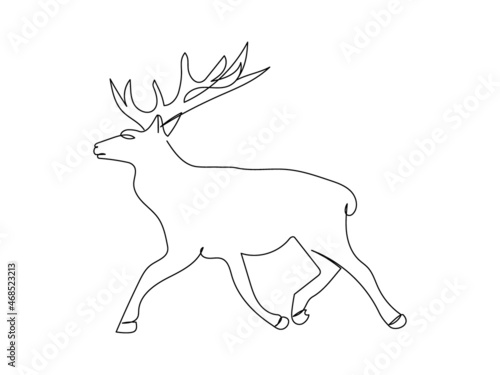 Deer running one line art. Continuous line drawing of new year, freezing, holidays, elk, horns, animal, forest, wild animal, helper of Santa Claus, north pole.
