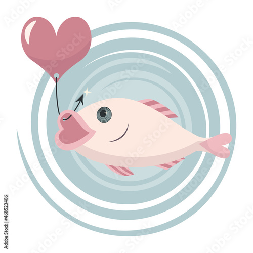 Vector illustration of a falling in love fish is caught on a hook by a pink heart