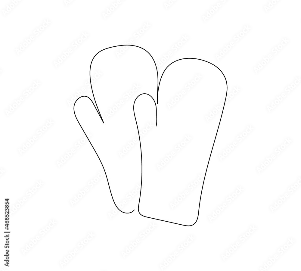 Mittens, cold protection one line art. Continuous line drawing of new year holidays, christmas, winter accessory, traditional, decor, winter, snow, dress, clothes.