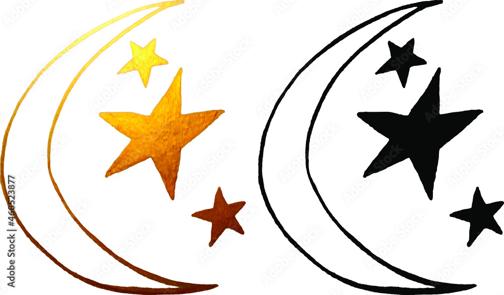 Boho flash tattoo design hand drawn art sun and crescent moon set. Antique style design vector isolated on white background Boho flash tattoo design hand drawn art sun and crescent moon set. Antique style design vector isolated on white background