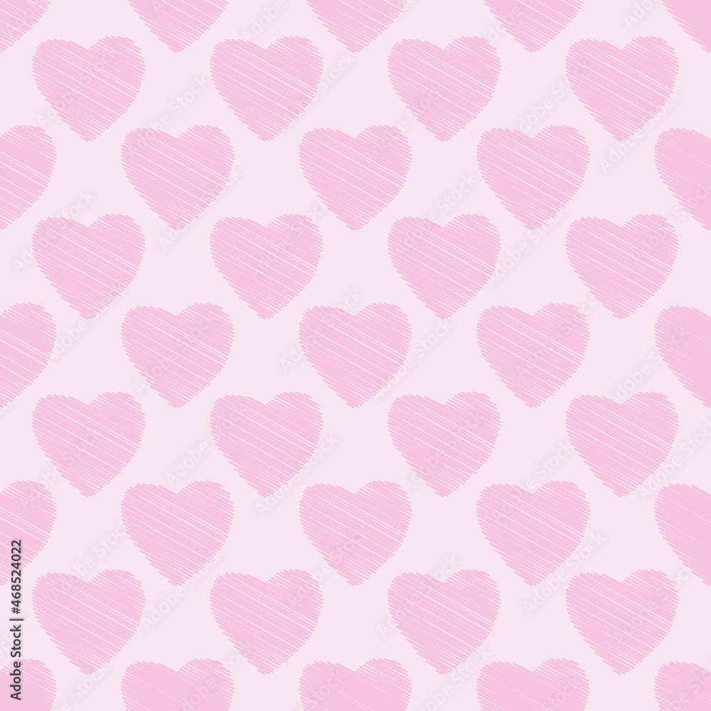 Seamless pattern of pink hearts on a light pink background.