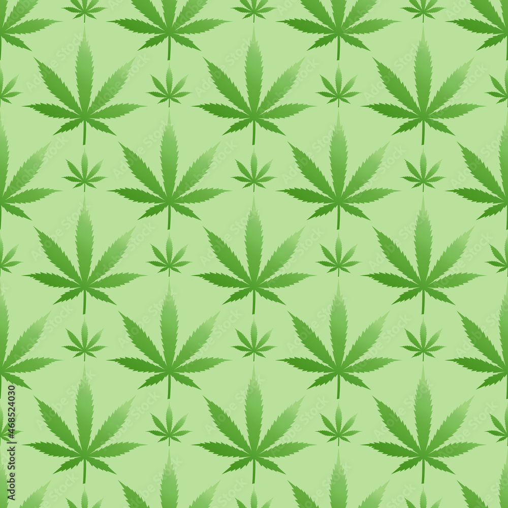 Seamless pattern with green gradient marijuana leaf on light green background.