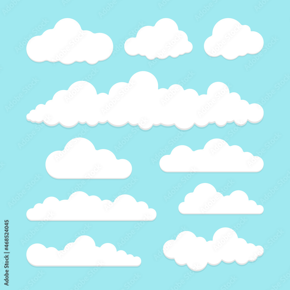 Set of cute white clouds on a blue background.