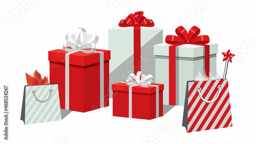 Christmas gift boxes with ribbons and bows, set of gifts in decorative packaging, flat vector design, isolated on white background.