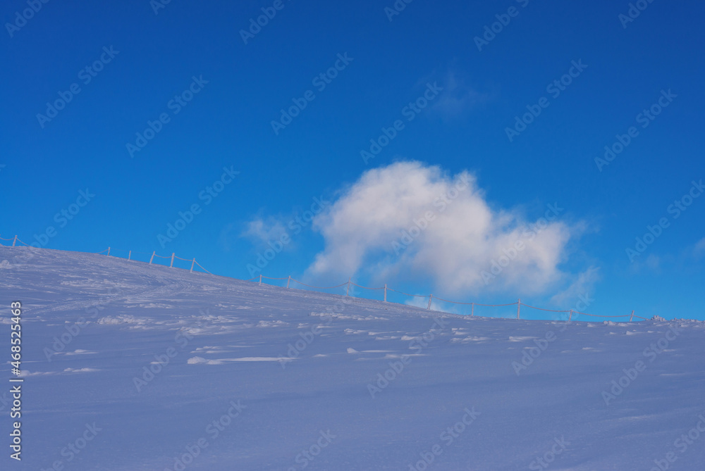 The snow-covered slope of the mountain under the blue sky. Restrictive columns on the snow-covered slope of the mountain.