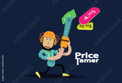  A woodcutter with a chainsaw helmet and headphones cuts price tags for goods