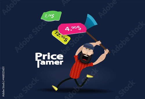 A woodcutter with an axe cuts price tags for goods