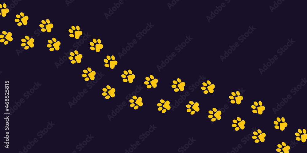 Paws of a cat, dog, puppy in yellow color on a dark purple background in a flat design. Diagonal animal footprints for veterinary clinic websites, postcards, posts about cute pets. Paws of a cat, dog, puppy in yellow color on a dark purple background in a flat design. Diagonal animal footprints for veterinary clinic websites, postcards, posts about cute pets.