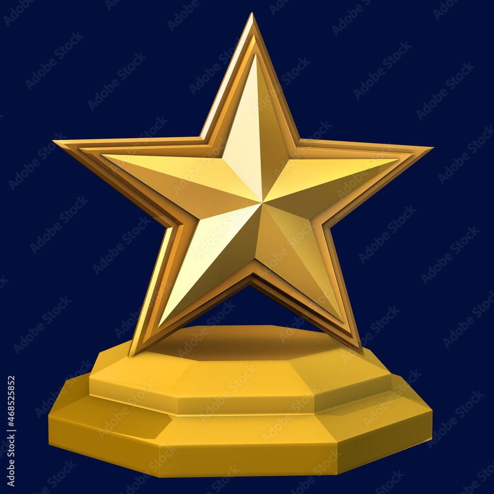 Star shaped golden trophy award for celebrating top levels of achievement. 3D illustration isolated on dark background Star shaped golden trophy award for celebrating top levels of achievement. 3D illustration isolated on dark background