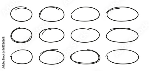 Hand drawn ovals set. Ovals of different widths. Highlight circle frames. Ellipses in doodle style. Set of vector illustration isolated on white background.