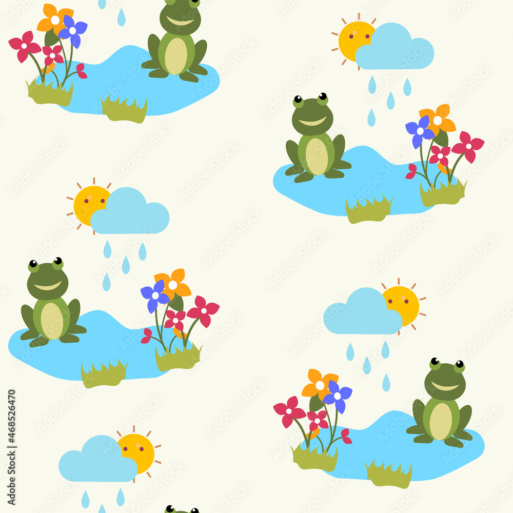 Repeat-less Cartoon Frog With Flowers And Sun Behind Rain Clouds On Beige Background. Repeat-less Cartoon Frog With Flowers And Sun Behind Rain Clouds On Beige Background.