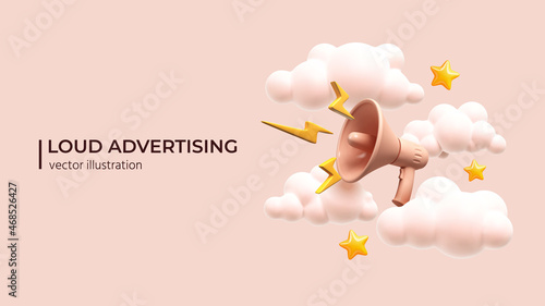 Loudspeaker with lightning with clouds and stars around. Marketing or advertising concept, 3d megaphone loudspeaker with yellow lightnings. Realistic vector illustration