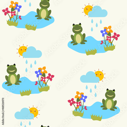 Repeat-less Cartoon Frog With Flowers And Sun Behind Rain Clouds On Beige Background.