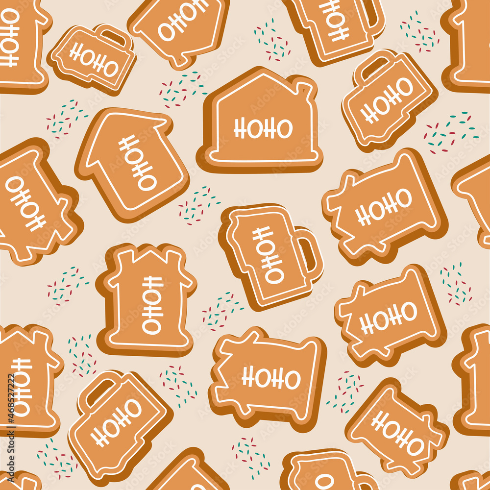 Seamless Pattern Of HO HO Text With Gingerbread House And Beer Mug On Gray Background.