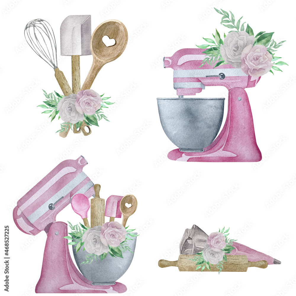 Watercolor pink pastry planetary mixer with flowers and greenery ...