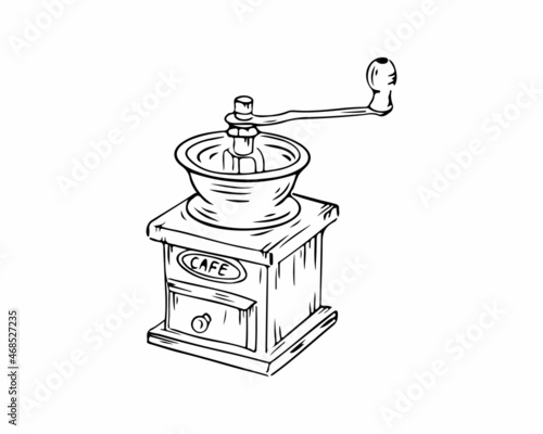 a coffee grinder drawn by hand with a black outline. Vector illustration