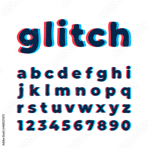 Ugly alphabet with glitch effect. Stereoscopic font, latin letters from A to Z and numbers from 0 to 9.