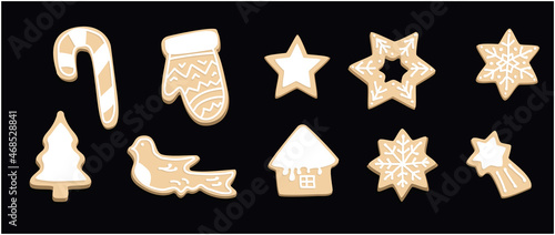 Christmas cookies set. Gingerbread for X-mas. Stars and home cookies form. 