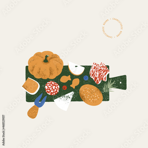 Charcuterie board illustration. Horizontal appetizers board with various food. Catering composition. 
