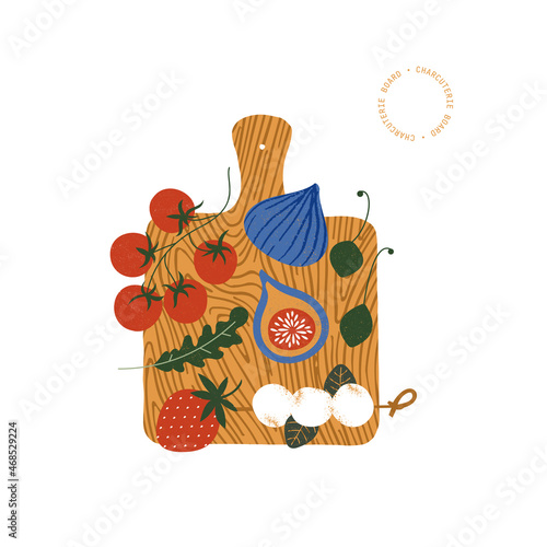 Charcuterie board illustration. Appetizers board with various food. Antipasti. Catering composition. . Vector illustration
