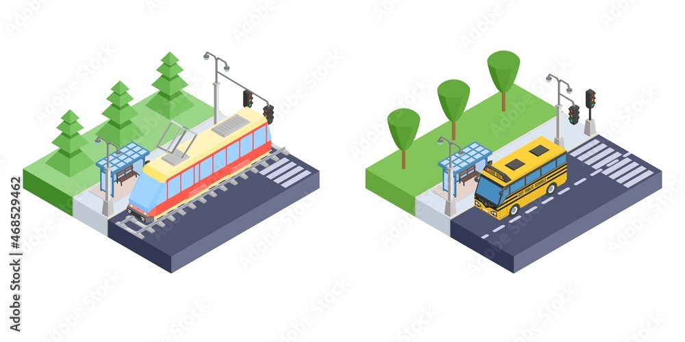 Obraz premium isometric icons stop transport tram and bus vector