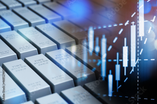 Stack of shiny silver bars on financial stock price graph, 3d rendering.