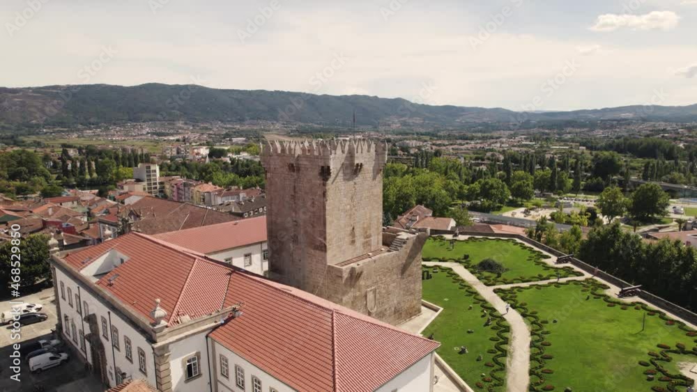 Orbital shot of castle tower, museum and garden in Chaves, Portugal Orbital shot of castle tower, museum and garden in Chaves, Portugal