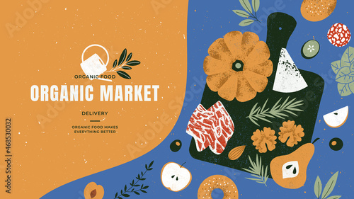 Charcuterie boards design template. Assortment of appetizers. Food banner. Antipasti board. Organic market. Vector illustration