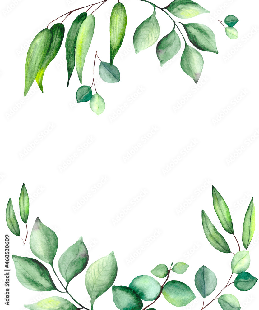 Watercolor frame with green leaves on a white background with space for text. For the design of postcards, posters, greetings. Watercolor frame with green leaves on a white background with space for text. For the design of postcards, posters, greetings.