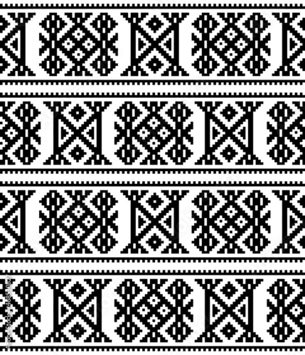 Sami folk art vector seamless pattern, black and whtie geometric design styled as traditional cross-stitch ornament from Lapland 

