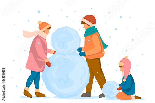 People with children sculpt a snowman, big snowballs. Concept of winter fun. Vector illustration in flat style.